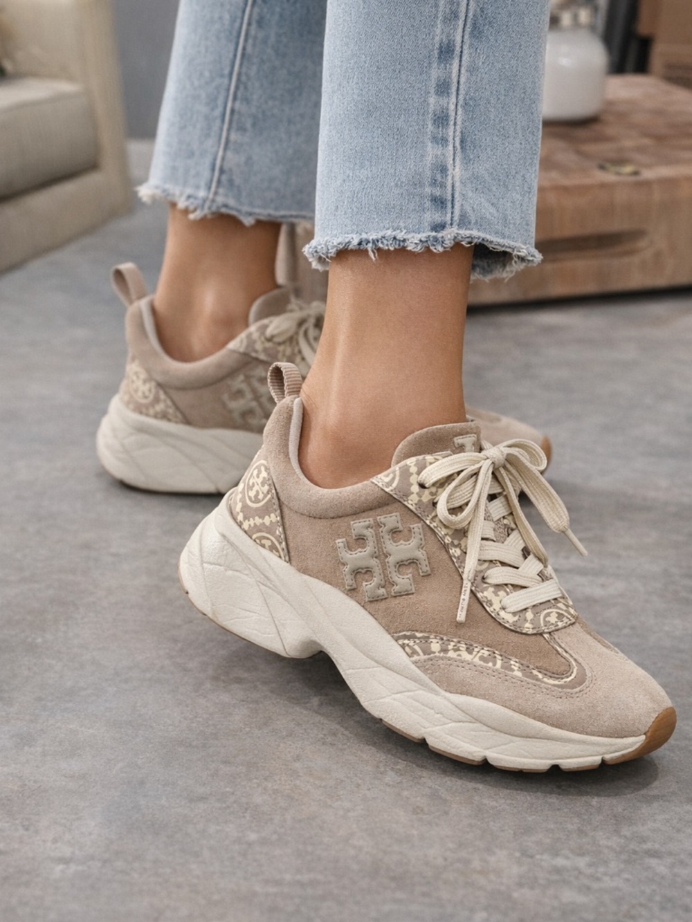 SOLD.     Tory Burch Taupe Suede Logo Platform Sneakers